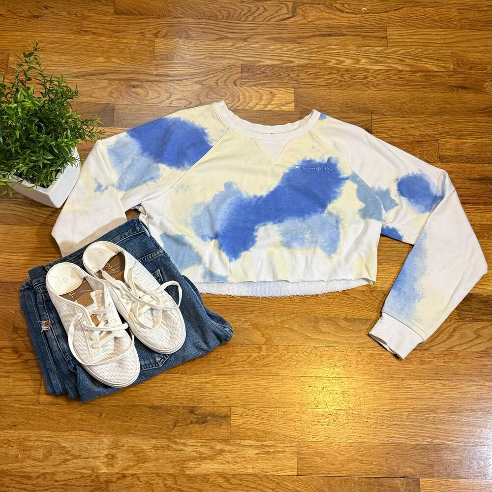 Champion Womens Medium Blue Yellow Toe Dye Upcycled Raw Hem Crewneck Sweatshirt